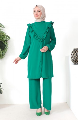 Fırfırlı Tunik Pantolon İkili Takım 0223-02 Zümrüt Yeşili 0223-02