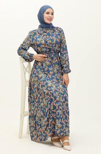 Patterned Viscose Dress 0226-02 İndigo 0226-02