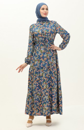 Patterned Viscose Dress 0226-02 İndigo 0226-02