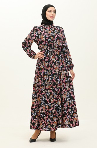 Patterned Viscose Dress 0226-03 Black Fuchsia 0226-03