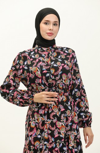 Patterned Viscose Dress 0226-03 Black Fuchsia 0226-03