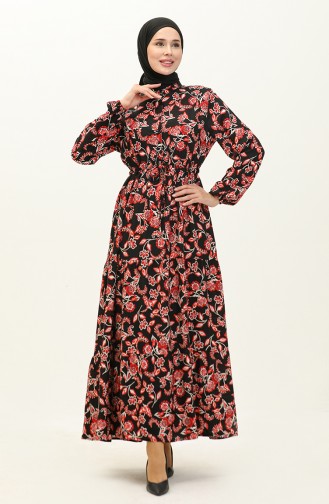 Gemustertes Viskosekleid 0226-04 Schwarz Rot 0226-04