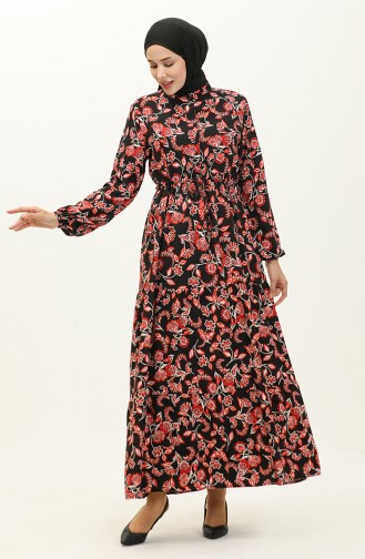 فستان فيسكوز منقوش 0226-04 أسود أحمر 0226-04