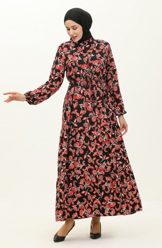 Patterned Viscose Dress 0226-04 Black Red 0226-04