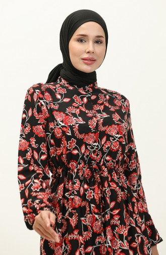Gemustertes Viskosekleid 0226-04 Schwarz Rot 0226-04