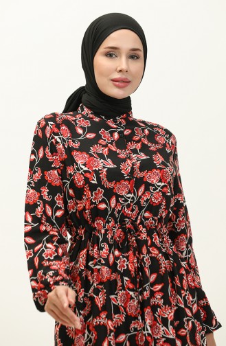 Robe en Viscose à Motifs 0226-04 Noir Rouge 0226-04