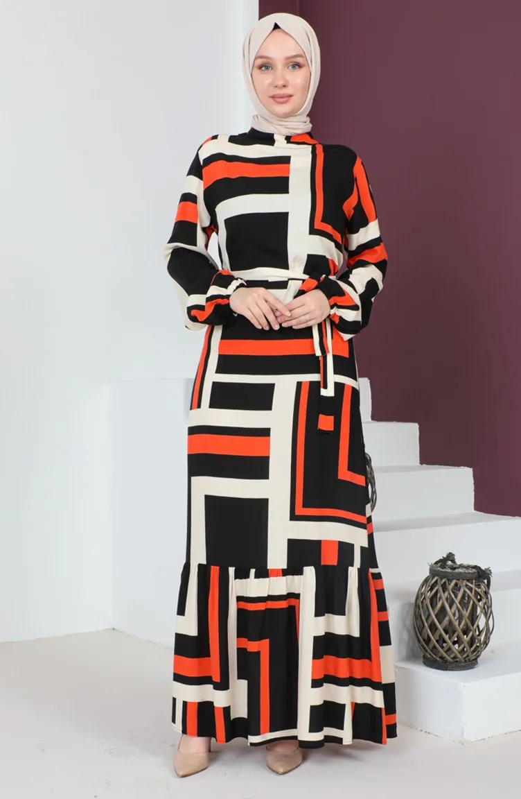 Patterned Belted Dress 0227-02 Brick Red Black 0227-02