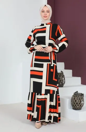 Patterned Belted Dress 0227-02 Brick Red Black 0227-02