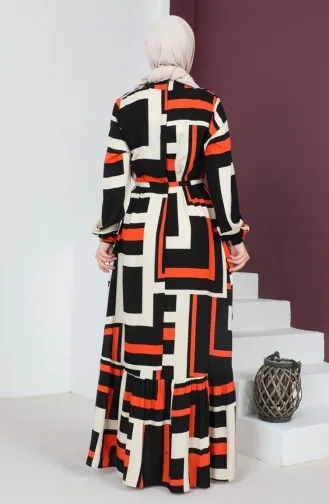 Patterned Belted Dress 0227-02 Brick Red Black 0227-02