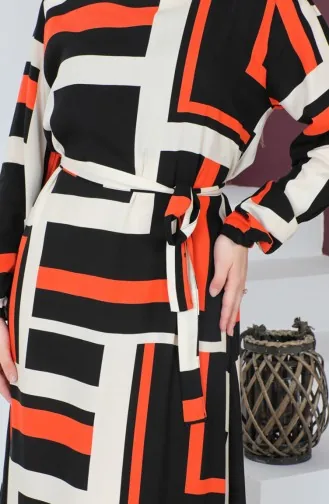 Patterned Belted Dress 0227-02 Brick Red Black 0227-02