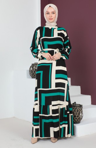 Patterned Belted Dress 0227-03 Green Black 0227-03