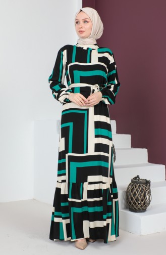 Patterned Belted Dress 0227-03 Green Black 0227-03