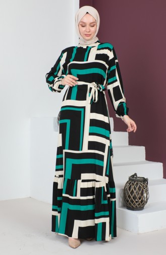 Patterned Belted Dress 0227-03 Green Black 0227-03