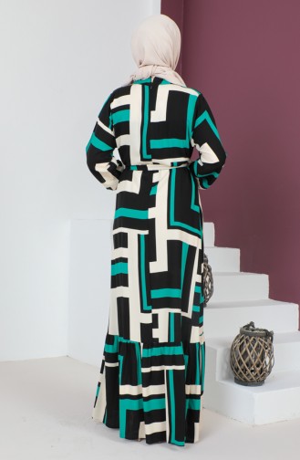 Patterned Belted Dress 0227-03 Green Black 0227-03