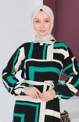 Patterned Belted Dress 0227-03 Green Black 0227-03