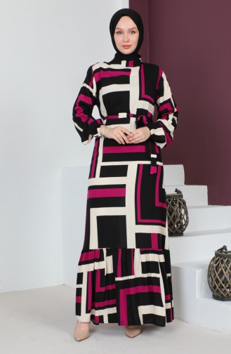 Patterned Belted Dress 0227-04 Magenta Black 0227-04