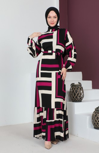 Patterned Belted Dress 0227-04 Magenta Black 0227-04
