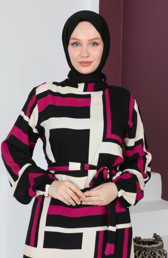 Patterned Belted Dress 0227-04 Magenta Black 0227-04