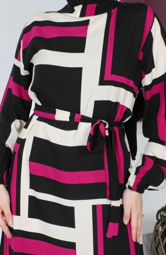 Patterned Belted Dress 0227-04 Magenta Black 0227-04