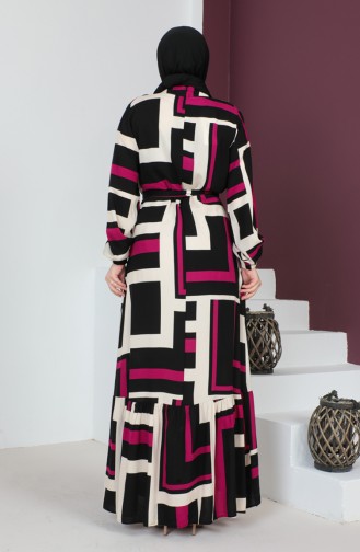 Patterned Belted Dress 0227-04 Magenta Black 0227-04