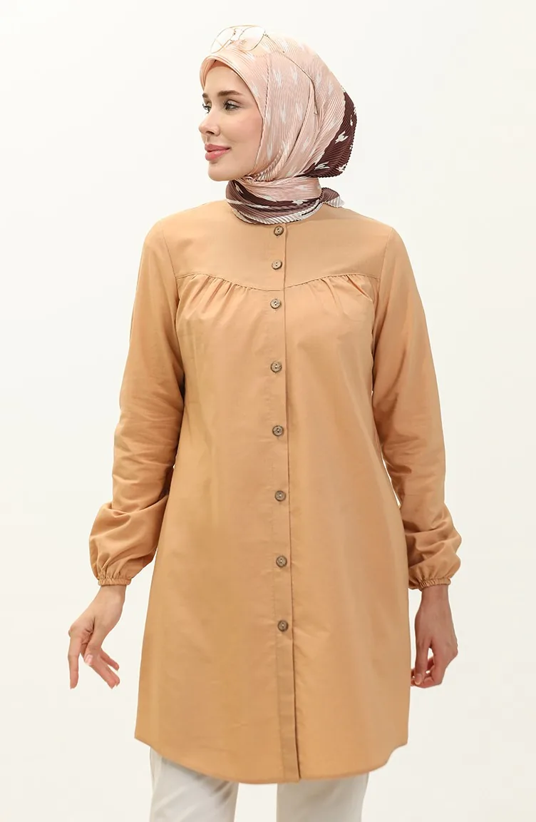 Robalı Düğmeli Tunik 4060-06 Sütlü kahve