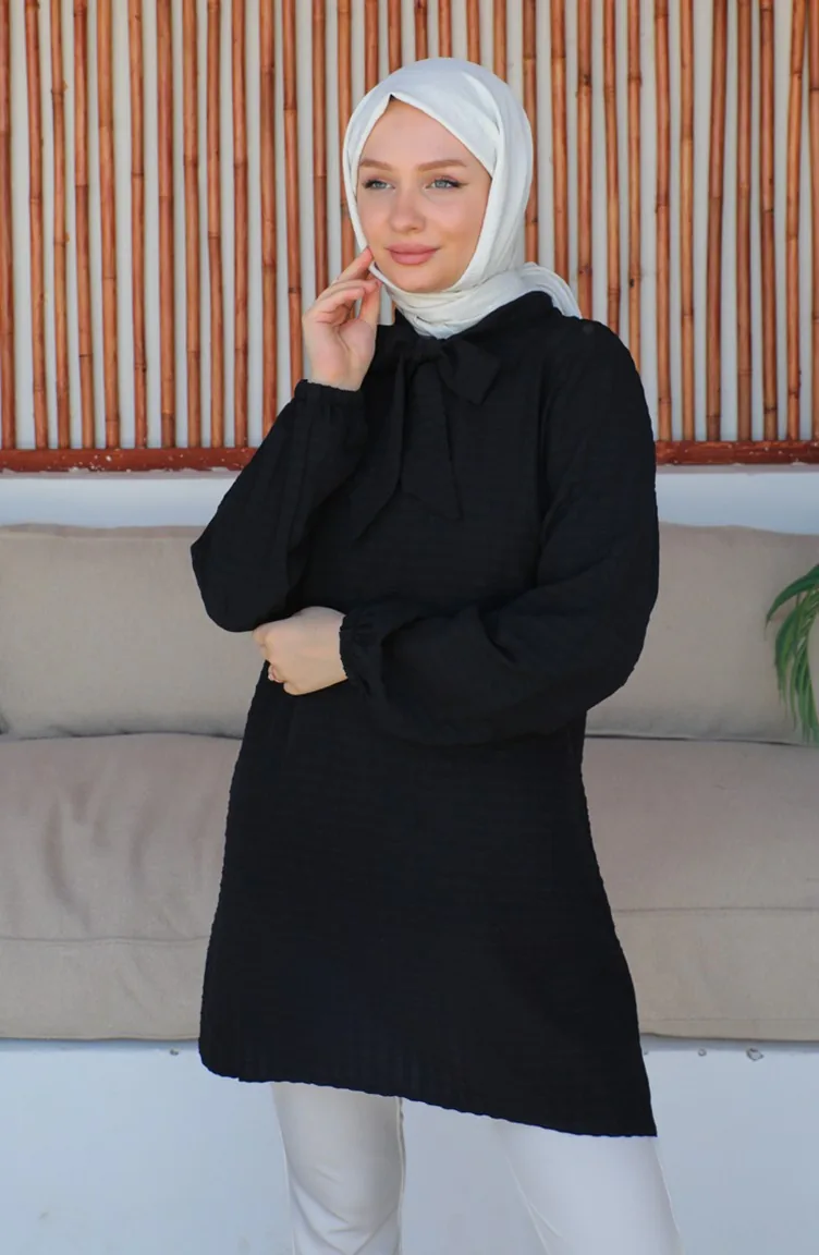 Crepe Fabric Tie Collar Tunic 0210-01 Black 0210-01