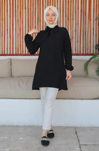 Crepe Fabric Tie Collar Tunic 0210-01 Black 0210-01