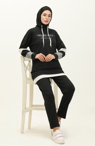 Letter Patterned Garnish Tracksuit Set 3006-01 Black 3006-01