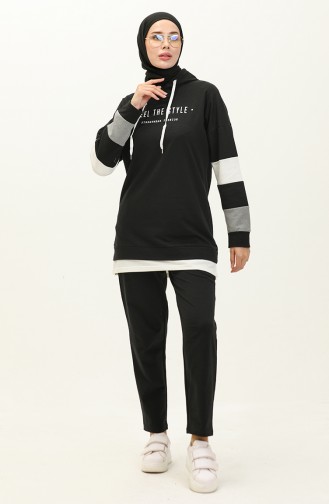 Letter Patterned Garnish Tracksuit Set 3006-01 Black 3006-01