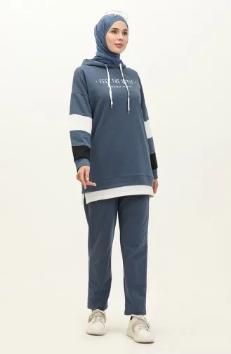 Letter Patterned Garnish Tracksuit Set 3006-03 İndigo 3006-03