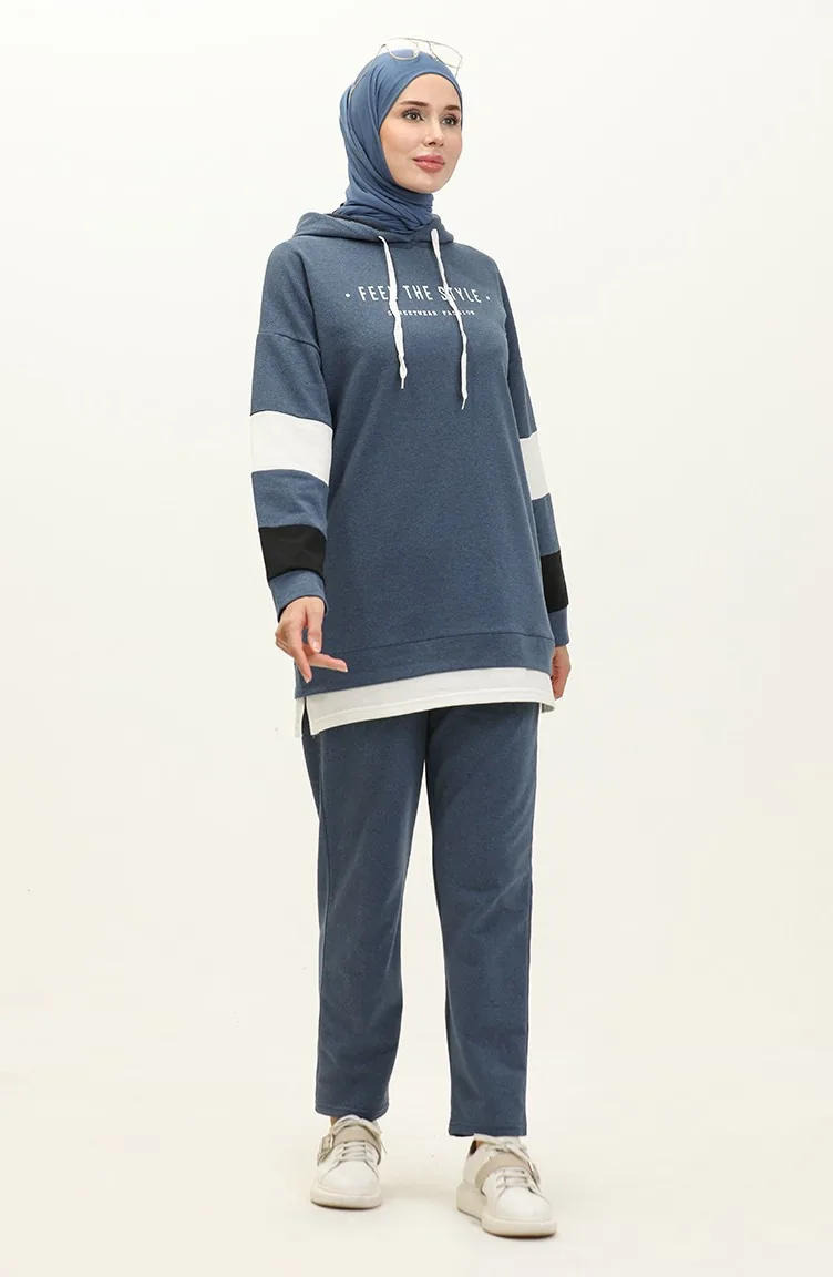 Letter Patterned Garnish Tracksuit Set 3006-03 İndigo 3006-03