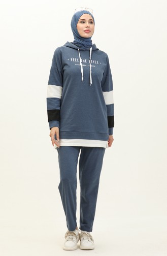 Letter Patterned Garnish Tracksuit Set 3006-03 İndigo 3006-03