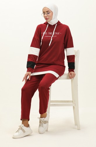 Letter Patterned Garni Tracksuit Set 3006-05 Claret Red 3006-05