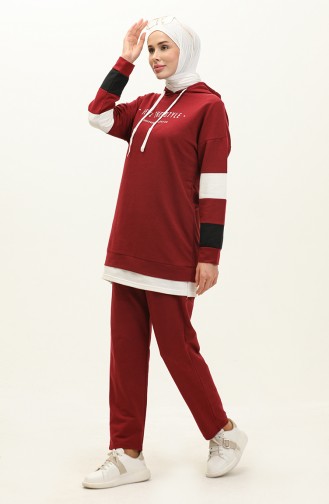 Letter Patterned Garni Tracksuit Set 3006-05 Claret Red 3006-05