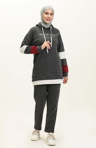 Letter Patterned Garnished Tracksuit Set 3006-06 Anthracite 3006-06