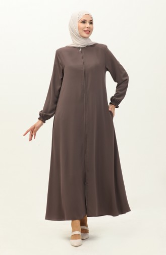 Abaya à Fermeture Manches Élastique 6124-01 Vison Foncé  6124-01