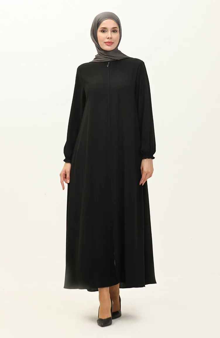 Abaya à Fermeture Manches élastiques 6124-07 Noir 6124-07