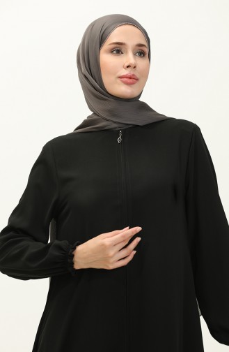 Elastic Sleeve  Zippered Abaya 6124-07 Black 6124-07