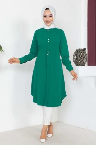 Tunique Hijab Détail Boutons Vert Émeraude 0163SGS.ZMR