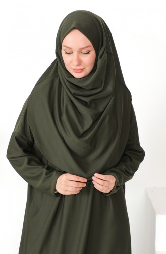 فستان الصلاة عملي بحجاب قطعة واحدة 0999-09 أخضر عسكري 0999-09