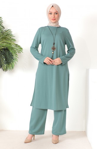Necklace Tunic Pants Two Piece Suit 8585-03 Green 8585-03