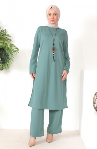 Necklace Tunic Pants Two Piece Suit 8585-03 Green 8585-03