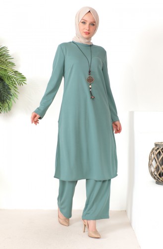 Necklace Tunic Pants Two Piece Suit 8585-03 Green 8585-03