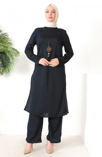 Necklace Tunic Pants Two Piece Suit 8585-04 Navy Blue 8585-04