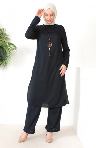 Necklace Tunic Pants Two Piece Suit 8585-04 Navy Blue 8585-04