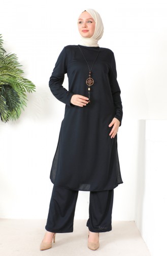 Necklace Tunic Pants Two Piece Suit 8585-04 Navy Blue 8585-04