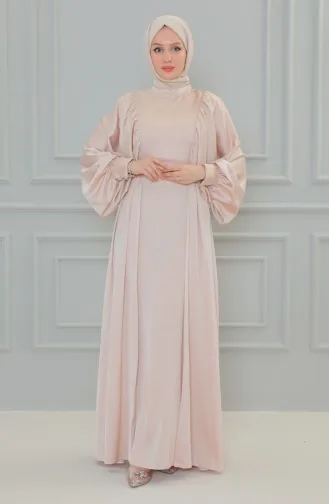 Satin Abendkleid mit Ballonärmeln 6020A-02 Beige 6020A-02