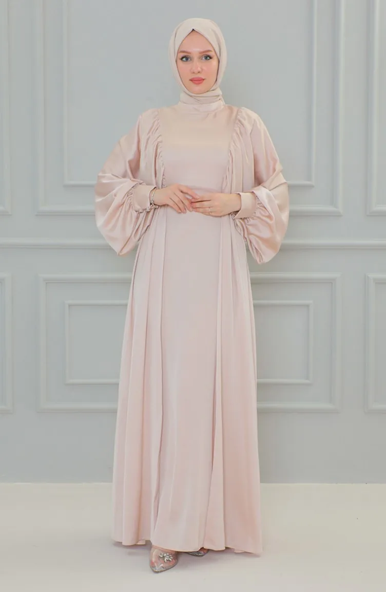 Satin Abendkleid mit Ballonärmeln 6020A-02 Beige 6020A-02