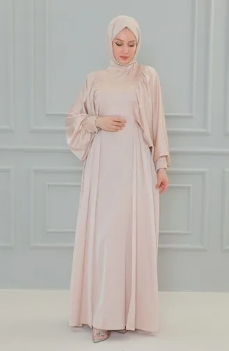 Satin Abendkleid mit Ballonärmeln 6020A-02 Beige 6020A-02
