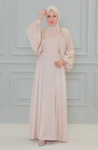 Satin Abendkleid mit Ballonärmeln 6020A-02 Beige 6020A-02